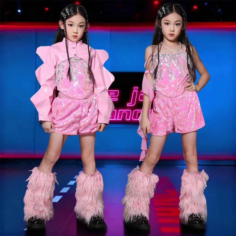 2026 Bambini Costumi di danza jazz per ragazze Gruppo Rosa Paillettes Kpop Abiti Sala da ballo Hip Hop Abiti per spettacoli di danza XH3974