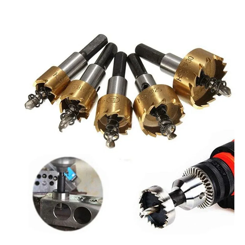 5Pcs Titan Beschichtung HSS Hartmetall Spitze Bohrer Bit Loch Sah Set Edelstahl Metall Legierung 16/18.5/20/25/30mm Tasche Loch Jig