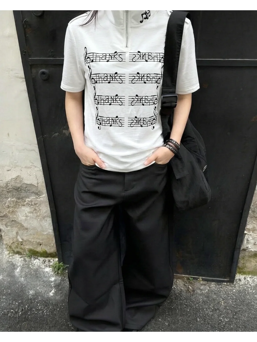 New Summer Retro Subcultural Punk Half Zipper Half High Collar Short Sleeve Top with Five Line Music Note Printing Street Trend
