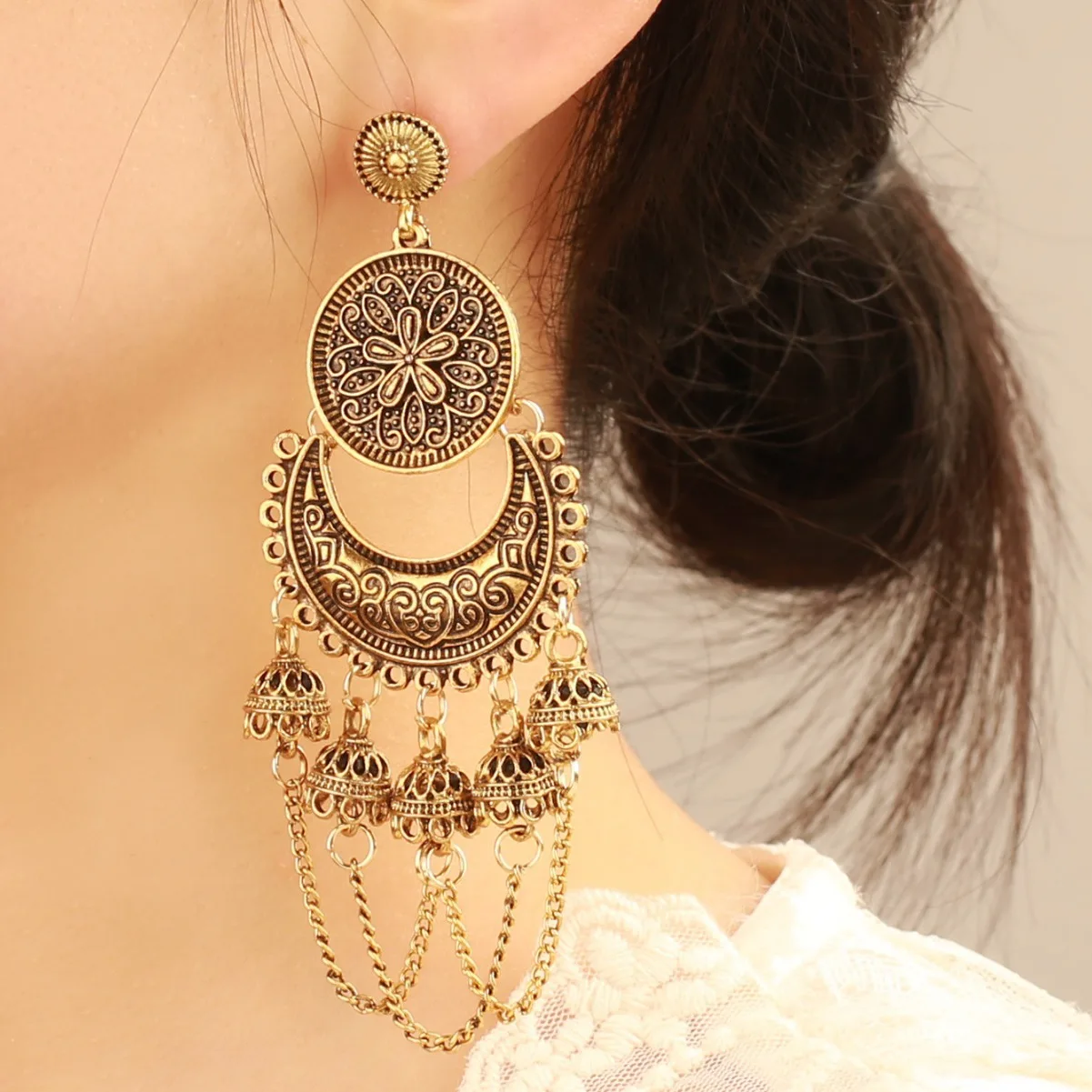 European and American new round chain long fringed bell earrings retro gothic exotic women's alloy earrings