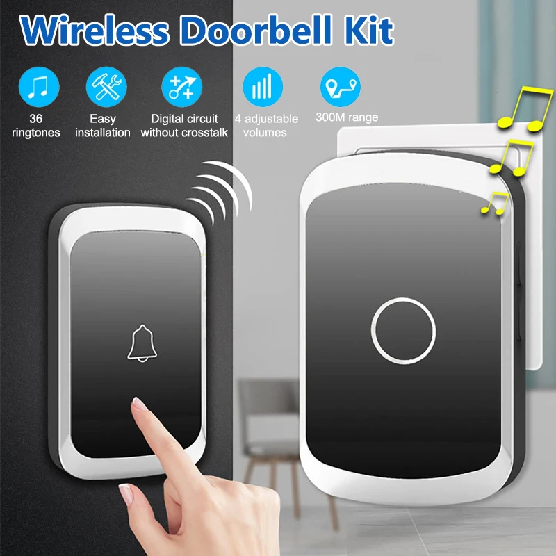 

Беспроводной дверной звонок, умный дом, комплект дверного звонка, дальность действия 300 м, 36 мелодий, 4-уровневое устройство напоминания о громкости, дверной звонок, вилка США, ЕС