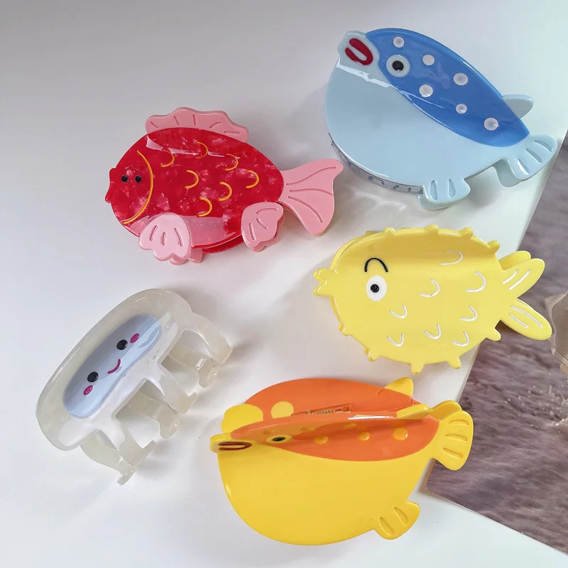 

New Cartoon Ocean Hair Claw Cute Acetate Pufferfish Devil Fish Jellyfish Dolphin Crab Hair Clip Marine for Woman Hair Accessory