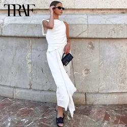 TRAF Women Midi Off White Sleeveless Dress Asymmetric Ruched Dress Woman 2024 Summer Long Holiday Dresses Elegant Party Dresses