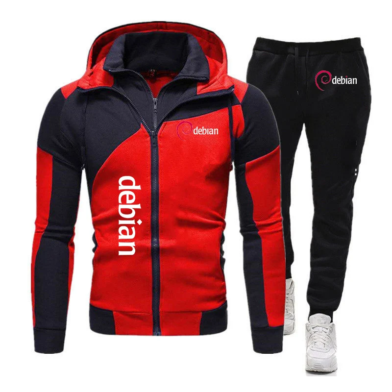 2024 Linux Debian New Men Spring and Autumn Color Matching Hoodie Trousers Harajuku Comfortable Casual Oblique Zipper Suits