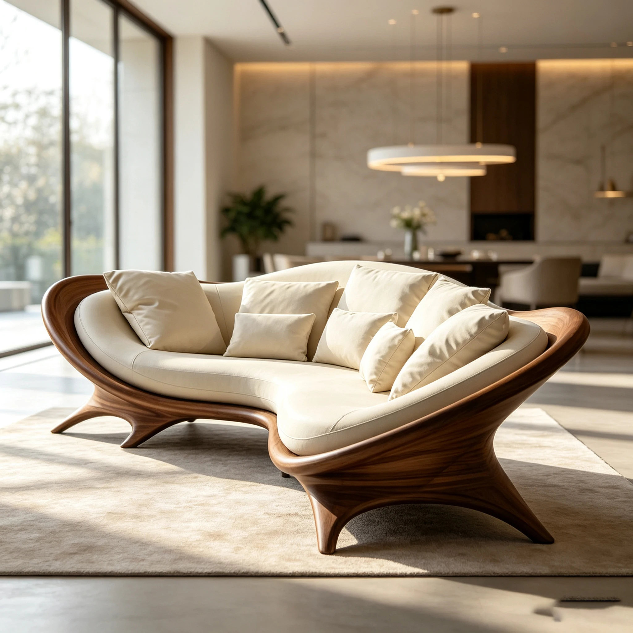 Art curved recliner sofa, sculptural solid wood frame, cream fabric upholstery, multi-size throw pillow, living room sofa