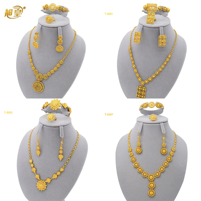 

XUHUANG African Necklace Bracelets Earring Ring Sets Nigerian Jewelry Set Ethiopian Dubai Gold Color Jewellery Set Party Gifts