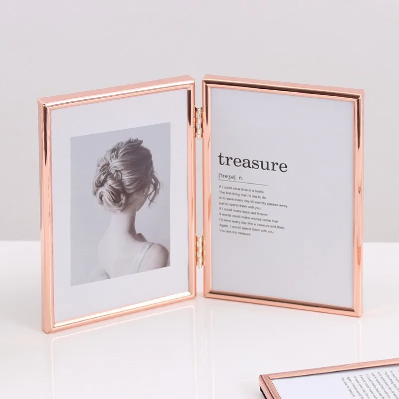 Double‑Sided Folding Metal Photo Frame Gold Silver Rose Gold Tabletop Picture Frame Desktop Family Photo Display Home Decor