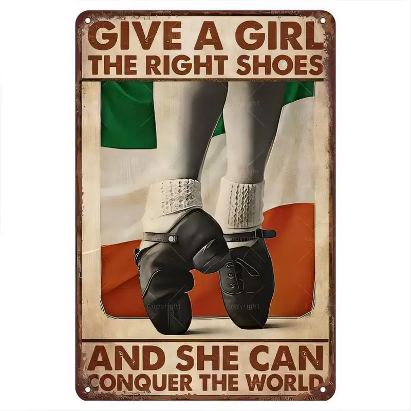 Vintage Distressed Irish Dance Shoes Metal Tin Sign - Retro Wall Art with Irish Flag, Iron Material, Perfect for Home/Bar/Cafe D