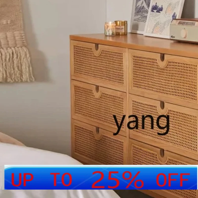 

LMM rattan retro six-bucket four-bucket cabinet solid wood bedroom storage wall drawer cabinet
