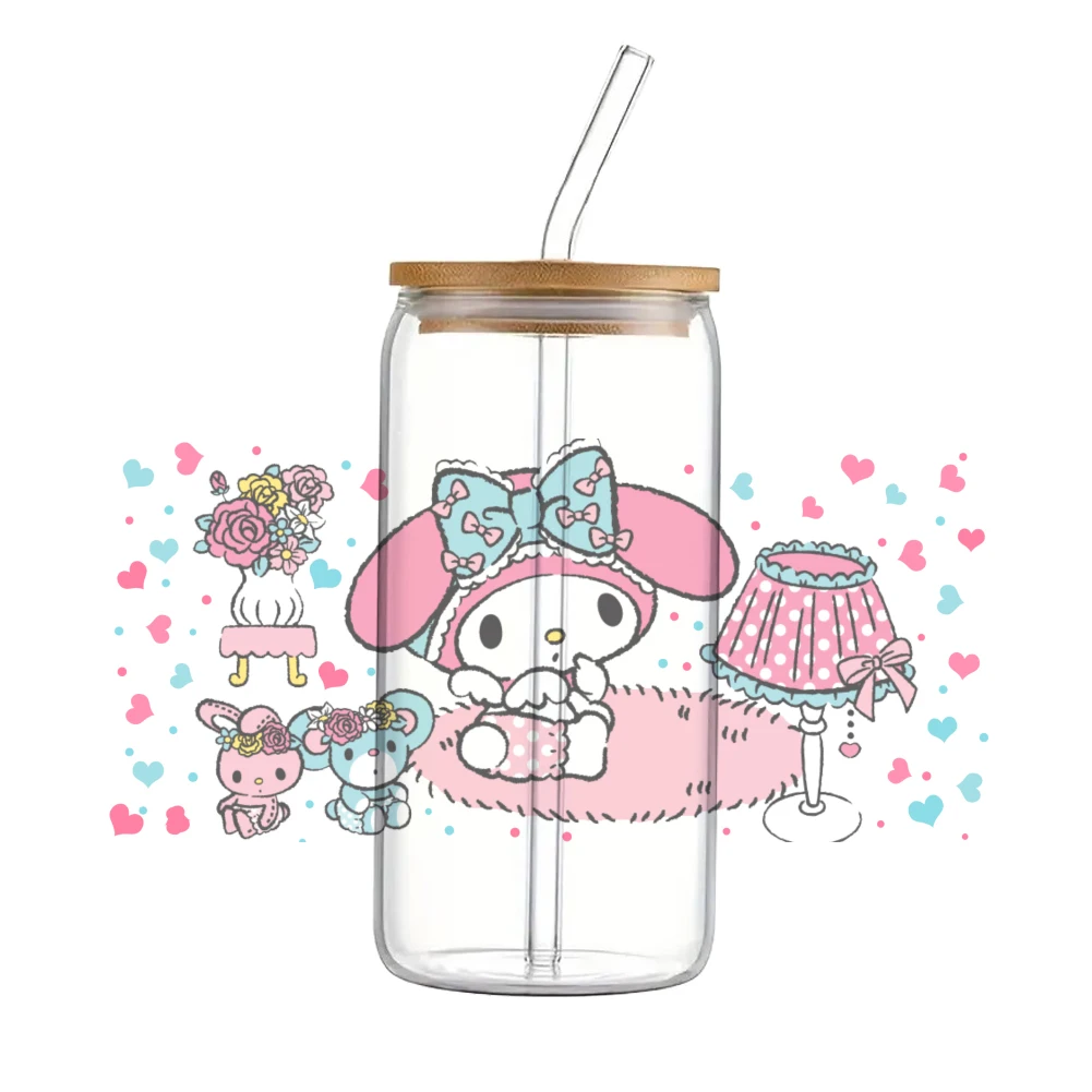 Sanrio My Melody Bedrukte Uv Dtf Bedrukte Wikkelsticker Voor Bekerglas Kan Waterdicht 11X24Cm 16Oz Sticker