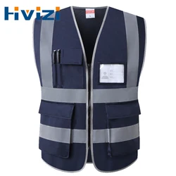 Navy Blue High Visibility Reflective Safety Vest for Construction Working Vest Men Workwear with Multi Pockets Night Warning