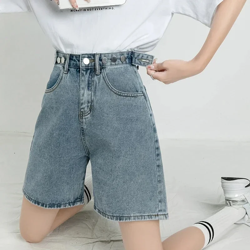 ポップ夏ルーズファムデニムショートパンツベルト付きショーツジーンズ女性だぶだぶのファッションストレートヴィンテージストリートデニムショーツウォメ
