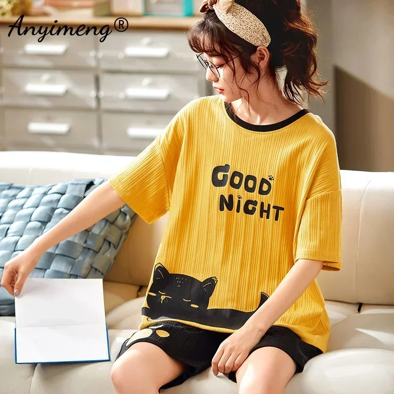 Mới Dropshipping Bộ Đồ Ngủ Nữ Mùa Hè Quần Short Cotton Pijamas Yellove Hình Mèo Dễ Thương In Hình Cô Gái Homewear Hàn Quốc Pyjama Set