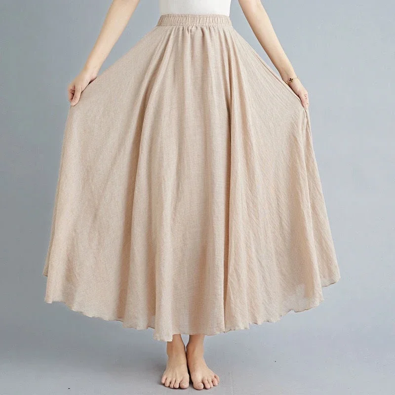 Boho Beach Women's Skirt - Linen Cotton Blend Elastic Waist Long Pleated Maxi, Vintage Summer Casual Skirt Faldas Saia