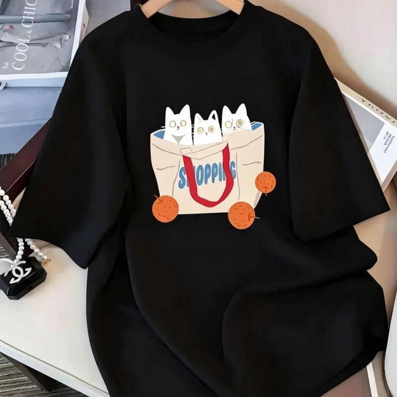 Cute Shopping Bag Cat T-Shirt Adorable Kittens in Grocery Bag Graphic Tee Short Sleeve Top Unisex Cat Lover Tshirt for Men Women