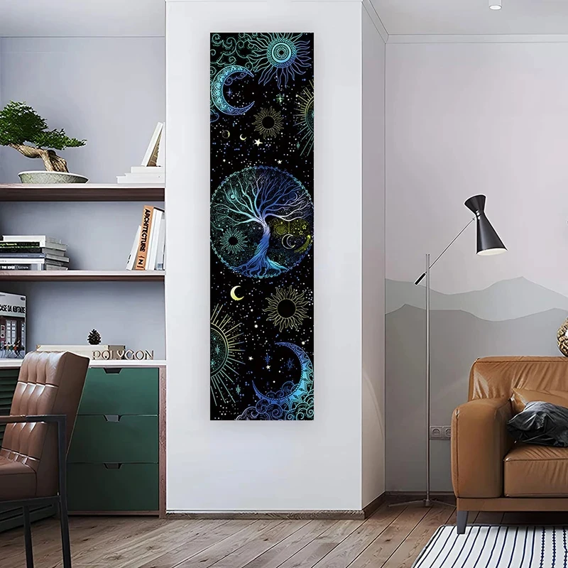 VIKAMA Tree of Life Vertical Tapestry Sun Moon Star Galaxy Black Background Psychedelic Long Wall Hanging Witchy Room Decor