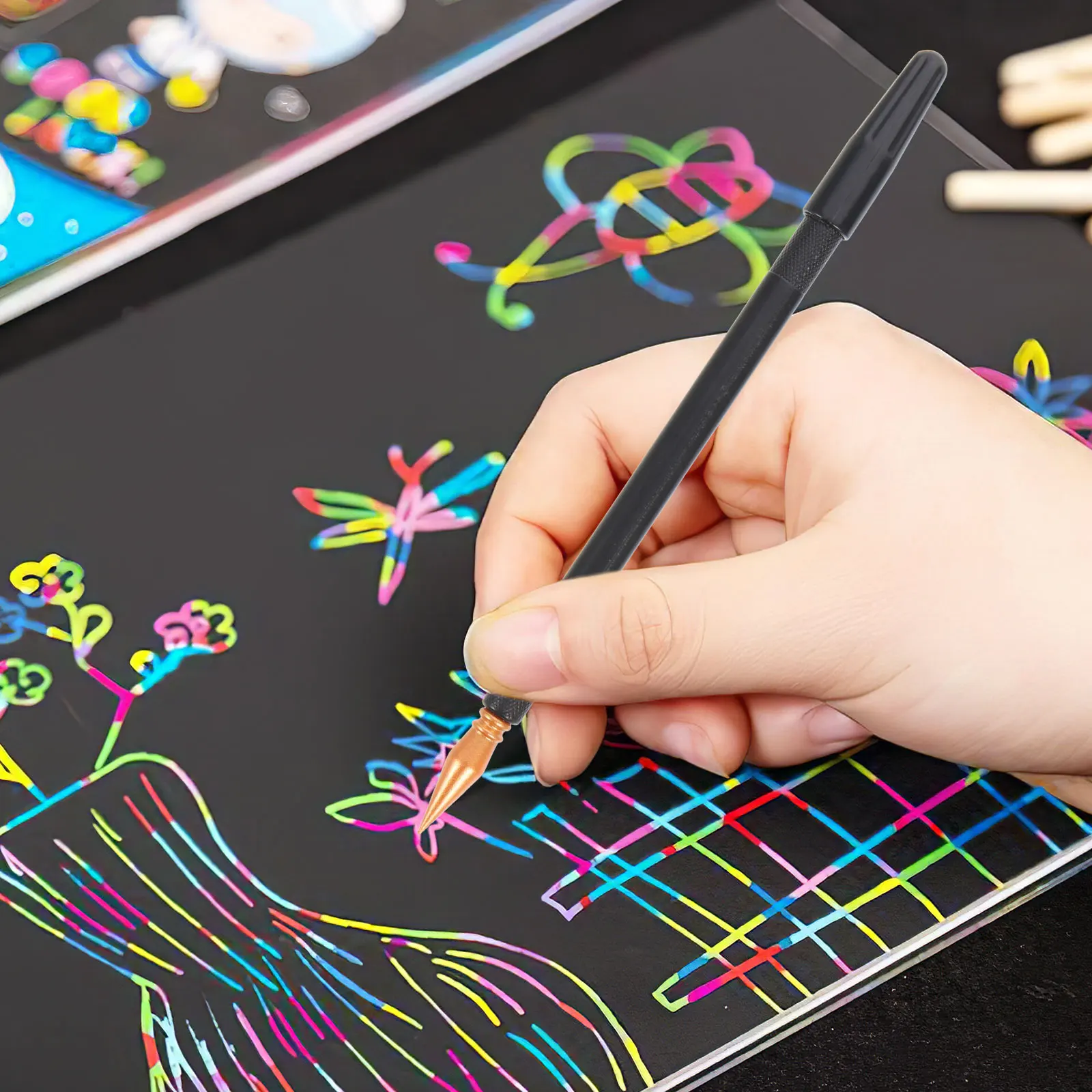 

6Pcs Scratch Pen Set Easy Scratch Off Curved Smooth Shape Comfortable Grip Dual Tips Design for Coloring Art Black