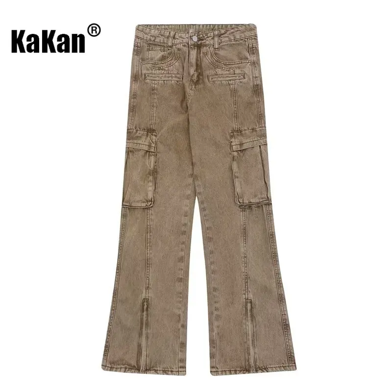 Kakan - Nuovi jeans da uomo europei e americani con cerniera High Street, jeans multitasche larghi vintage divisi K27