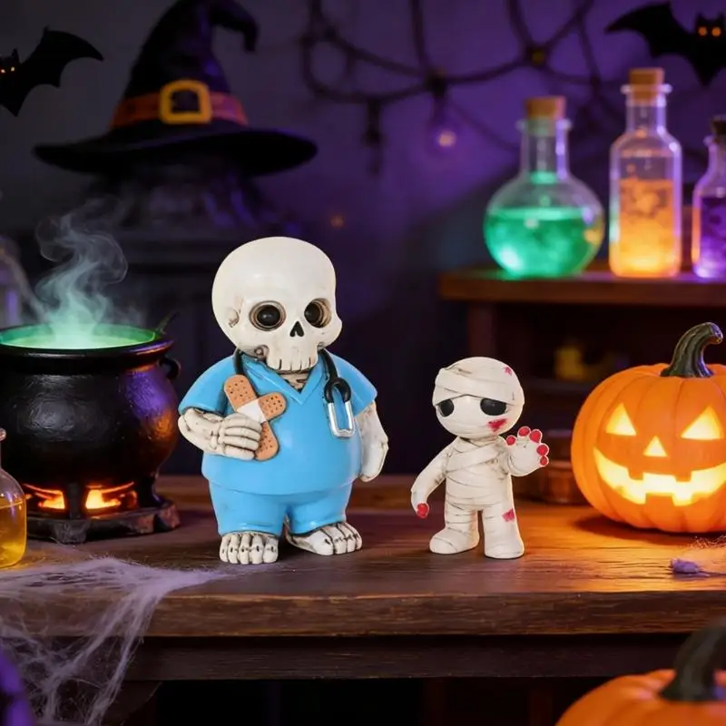 652F Halloween Tabletop Resin Figurine Pair with Skeleton Doctor Mummy