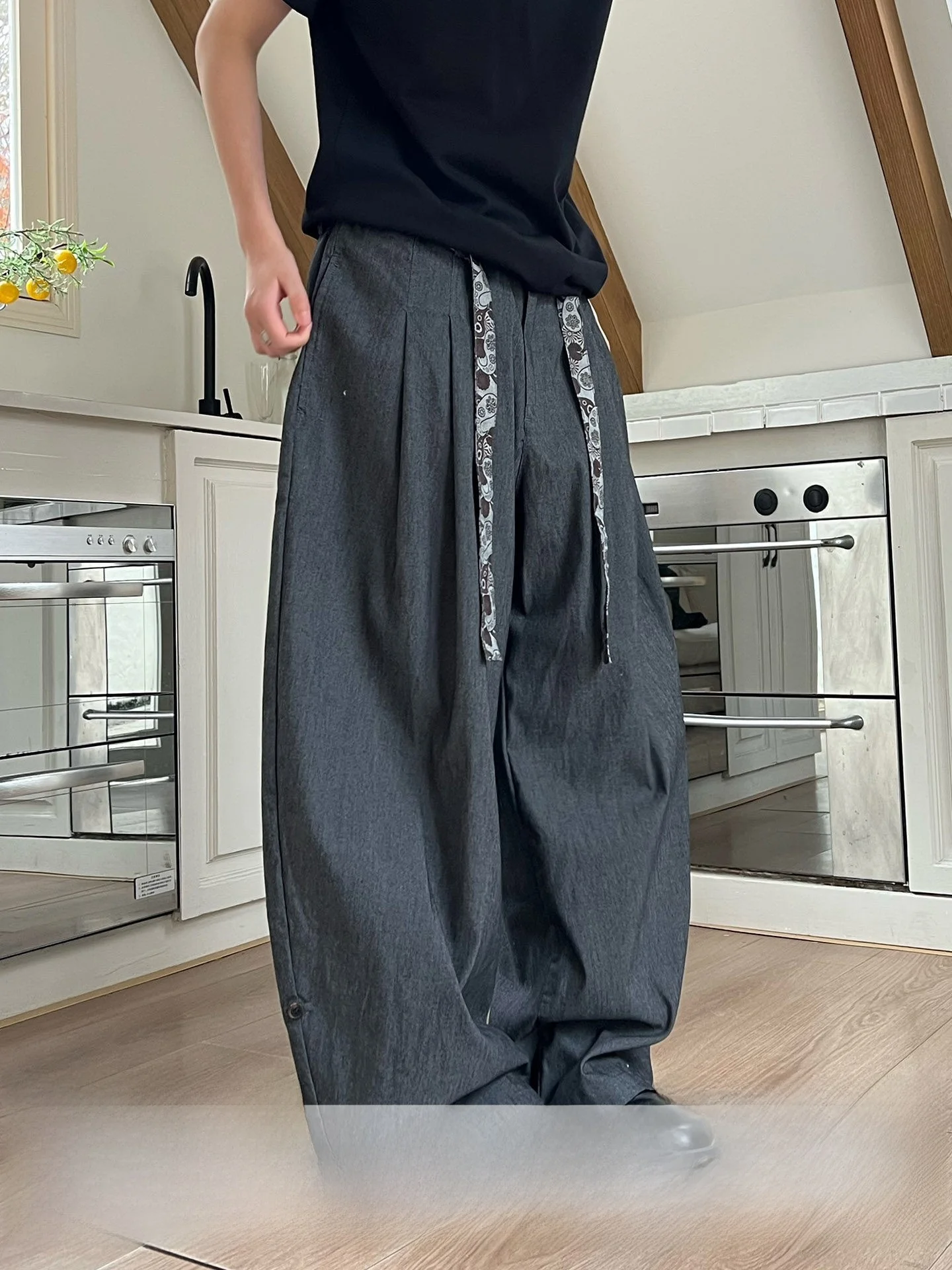 

Casual Loose Fit Trousers with Almond Flower Belt Japanese Retro Style Men's Women's Wide Leg Pants Cotton Polyester Blend