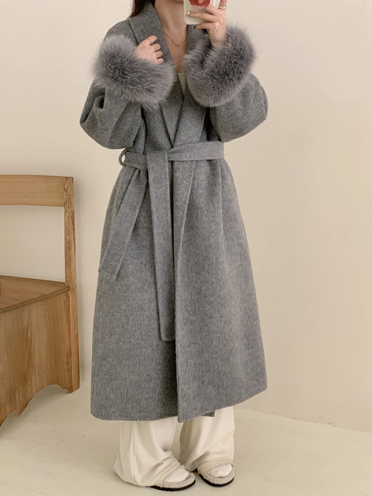 FANAN Elegant Fox Fur Sleeve Design Wool Coats For Women Lapel Belt Gathered Waist Thick Warm Female Outwear 2025 Winter New
