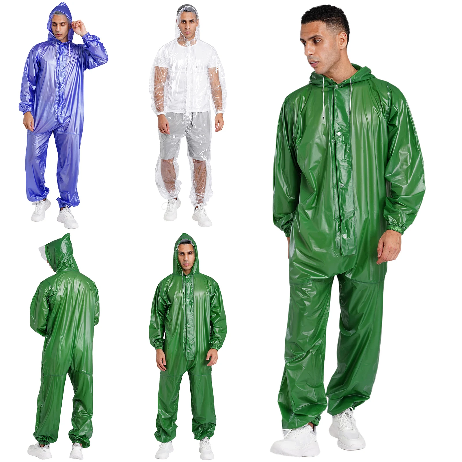 Adults Full-body Hooded Raincoat Jumpsuit with Drawstring and Zipper One-piece Romper for Farm Gardening Yard Work Wet Weather