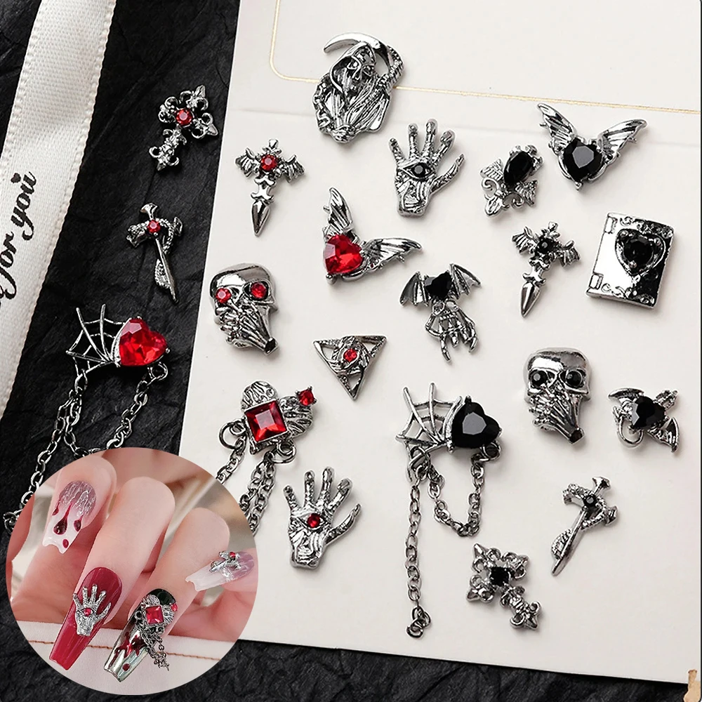 10pcs Halloween Nail Charms Jewelry Luxury Nail Parts Gems Stone Red/Black Crystal Rhinestones Nail Art Decorations Accessories