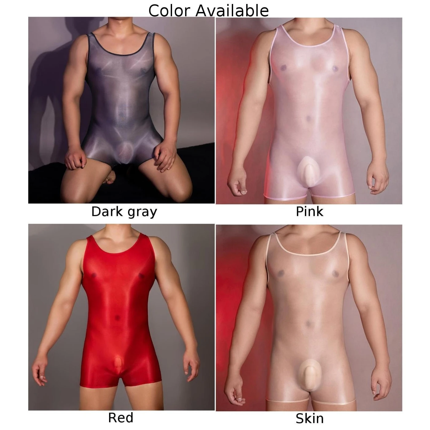 Sexy Mens Sheer See-Through Oil Glossy Bodysuit Sleeveless Shorts Leotard Solid Stretch Jumpsuit Temptation Lingerie Underwear