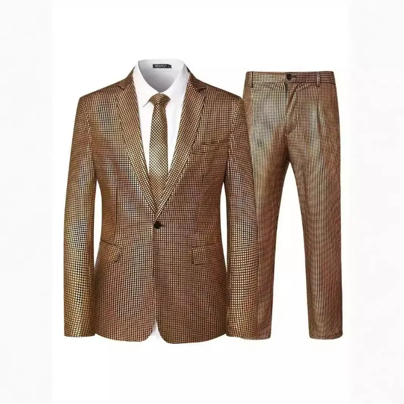 Men's Plaid Sequins Suit Wedding Ceremony Party Performance Dress Two-piece Suit