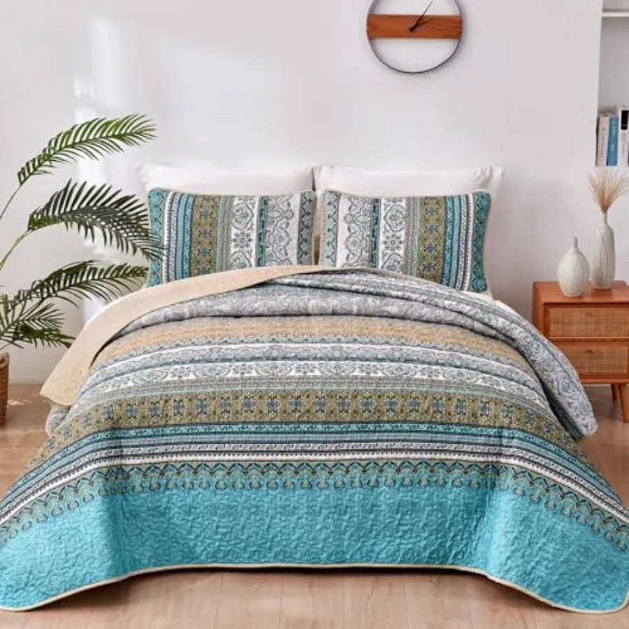 

Комплект постельного белья в стиле бохо, размер Queen, 3 предмета, полосатое покрывало, богемный стиль, мягкая легкая микрофибра, для всех сезонов, 96×90 дюймов