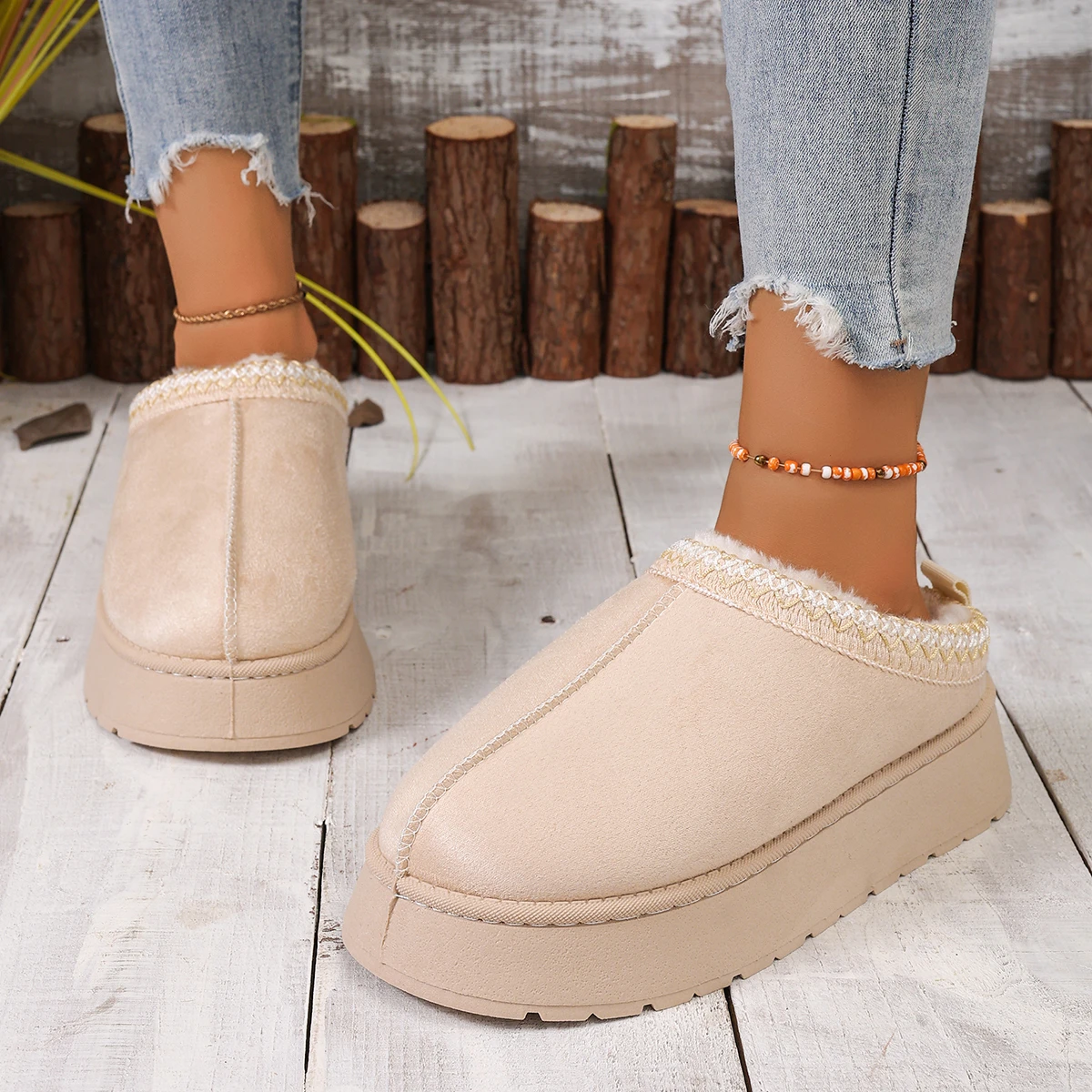 2026 New Snow Boots for Women Winter Cashmere Warm Thick Soles Without Heel-covered Hair Half Slipper Cotton Shoes for Women