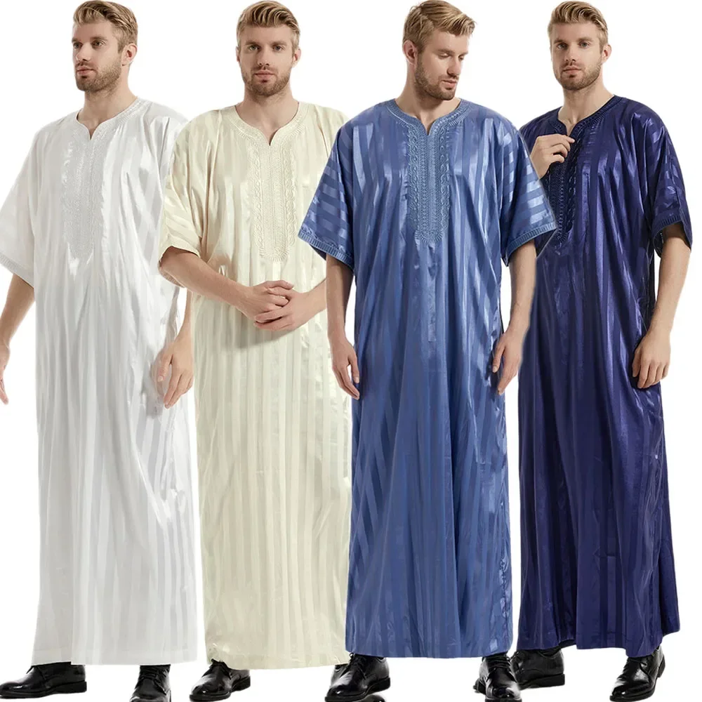 Uomo Islamico Jubba Thobe Arabo Caftano Vintage Solido Manica corta Allentato Retro Stripe Robe Abaya Dubai Medio Oriente Abbigliamento musulmano