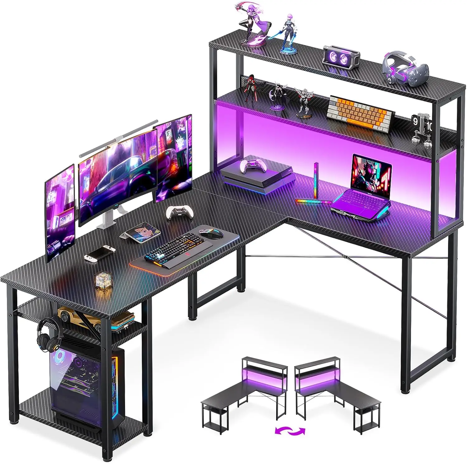 

53" L Shaped Gaming Desk with Hutch & Headphone Hook, Corner Computer Table with Storage Shelves for Home Office