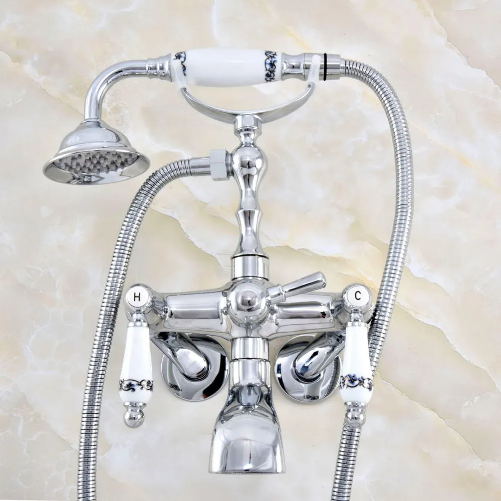 

Polished Chrome Brass Claw-foot Bathtub Faucet Wall Mounted Tub Filler Handheld Shower - Adjusts From 3-3/8" aqg422