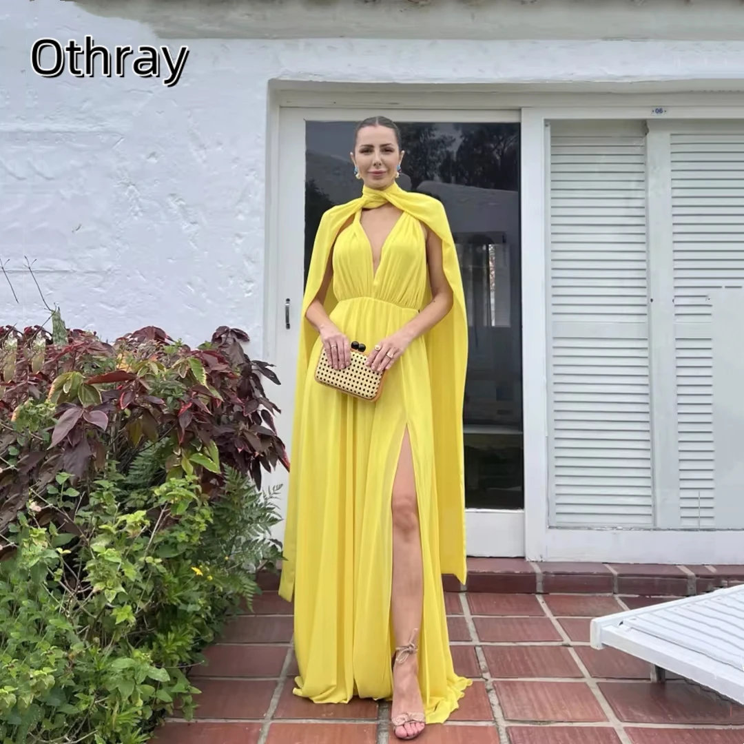 

Othray Halter Chiffon Cape Sleeve A-line Prom Dress Side Split Vestidos De Fiesta Sexy Open Back Evening Dress