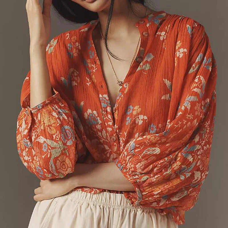 

Combhasaki, женская винтажная рубашка в стиле бохо, свободная рубашка с длинными рукавами и эстетичным цветочным принтом, прозрачная блузка на пуговицах с круглым вырезом