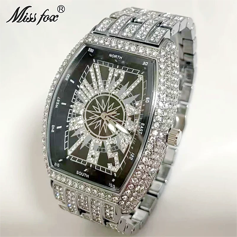 Fashion Iced Watches Men Top Brand MISSFOX Luxury AAA Quartz Wristwatches Hip Hop Diamond Tonneau Clocks Male Gift Dropshipping