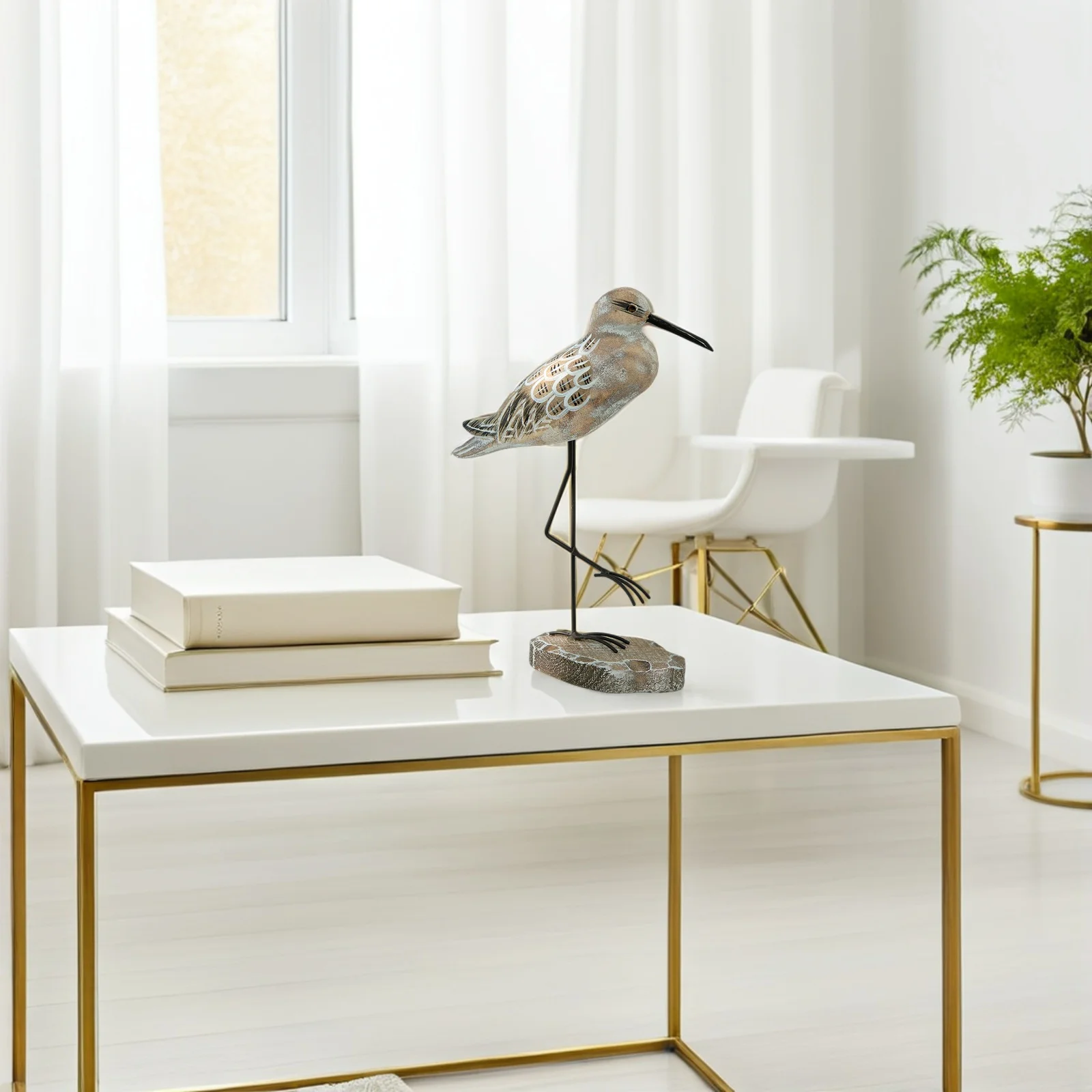 

2Pcs Vintage Wooden Seabird Statue Coastal Long Legged Sea Bird Decoration Nautical Desktop Ornament Beach Bird Figurine