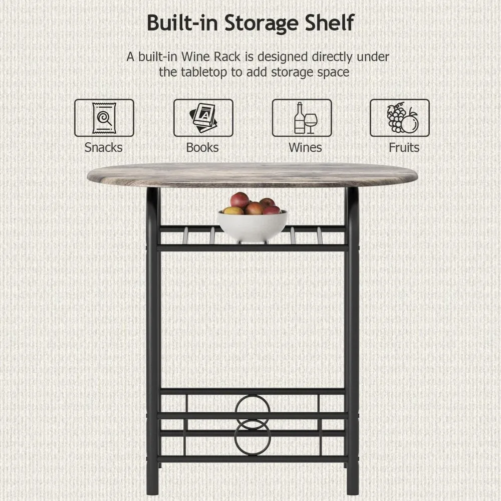 3-Piece Wooden Round Table & Chair Set, Space Saving Kitchen Breakfast Nook Wood Grain Tabletop with Metal Frame and Built-in St