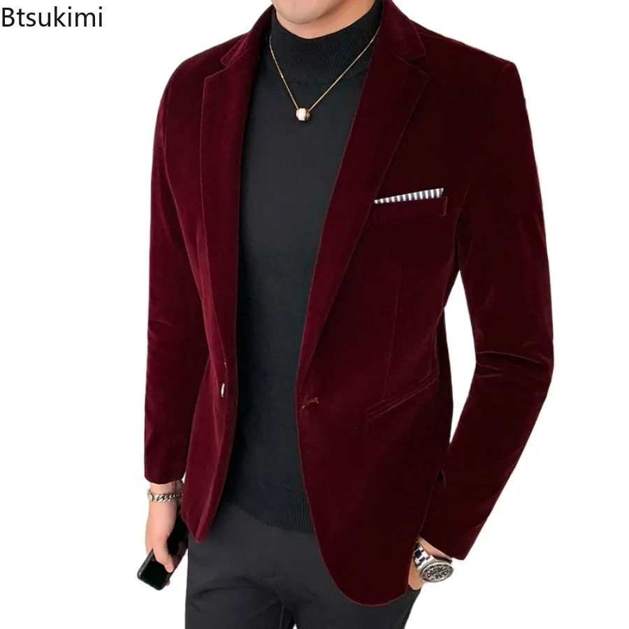 2024 New Korean Style Suit Coat Men\'s Luxuty Velvet Blazers Fashion Casual Men Slim Formal Wear Dress Men Small Suit Jacket Tops