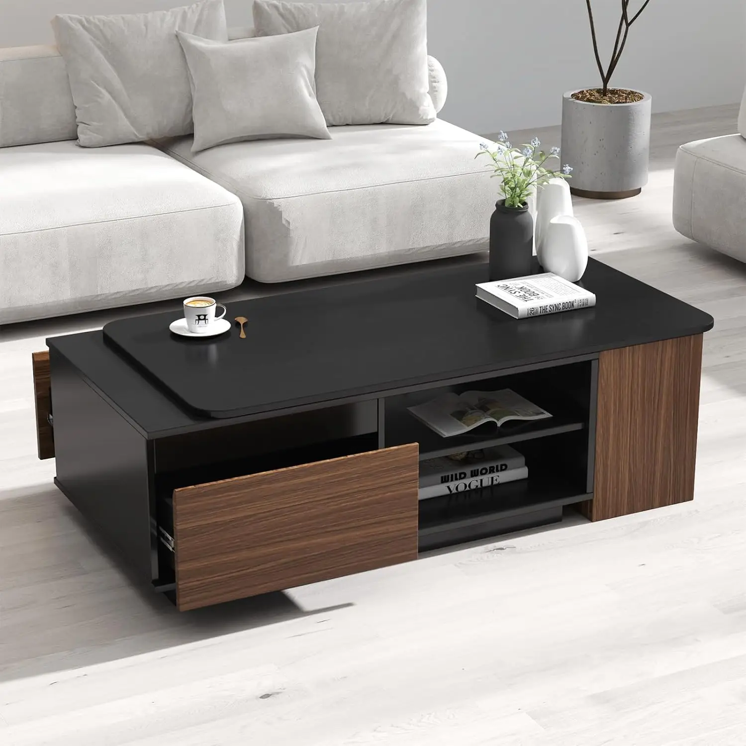 Extendable Coffee Table 48-66'' Rectangle With Drawers Storage Shelf Adjustable Coffee Table (Black/Walnut)