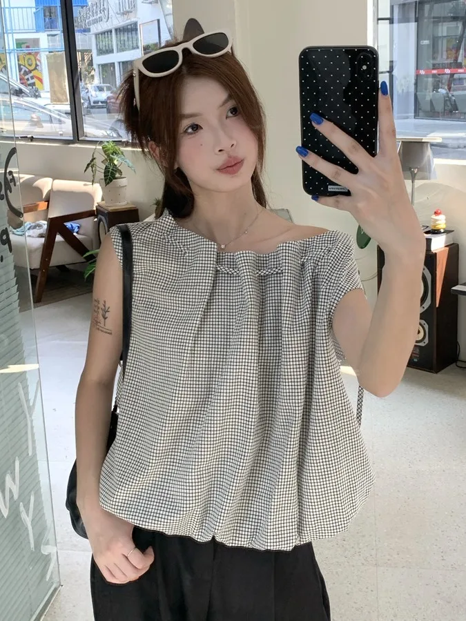 Gilet da donna scozzese retrò irregolare Dstring Svel Estate Nuovo design Trendy Top Vestibilità comoda Casual irt