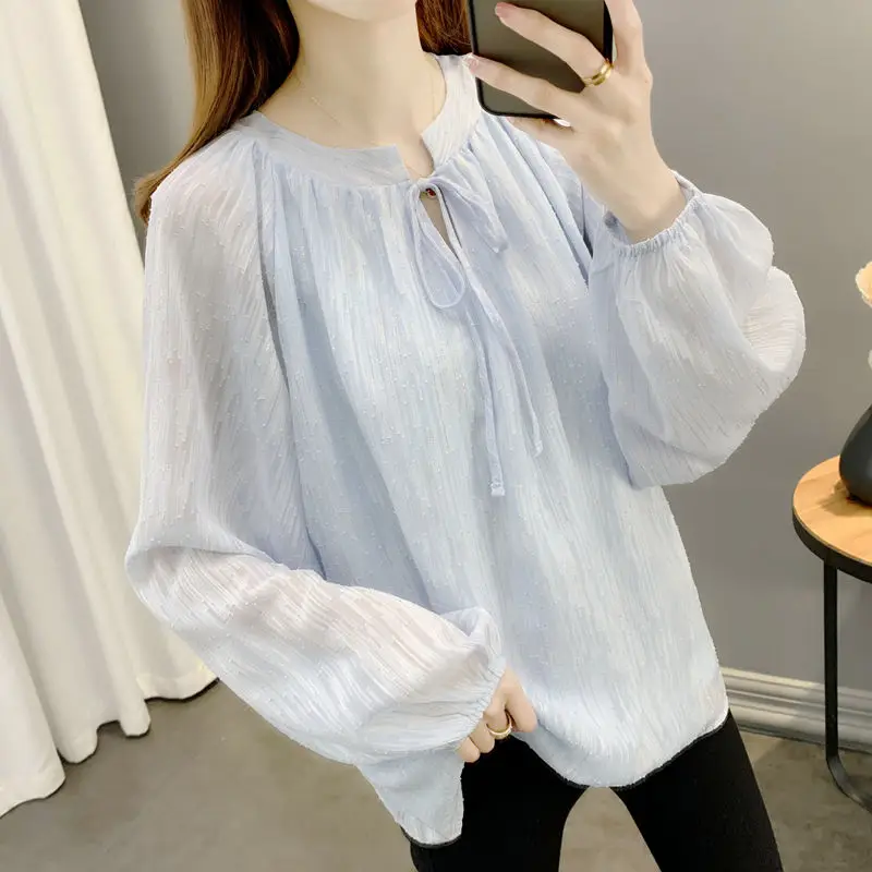 Stylish Solid Color O-Neck All-match Lace Up Chiffon Blouse Women\'s Clothing 2022 Autumn New Casual Pullovers Loose Sweet Shirt