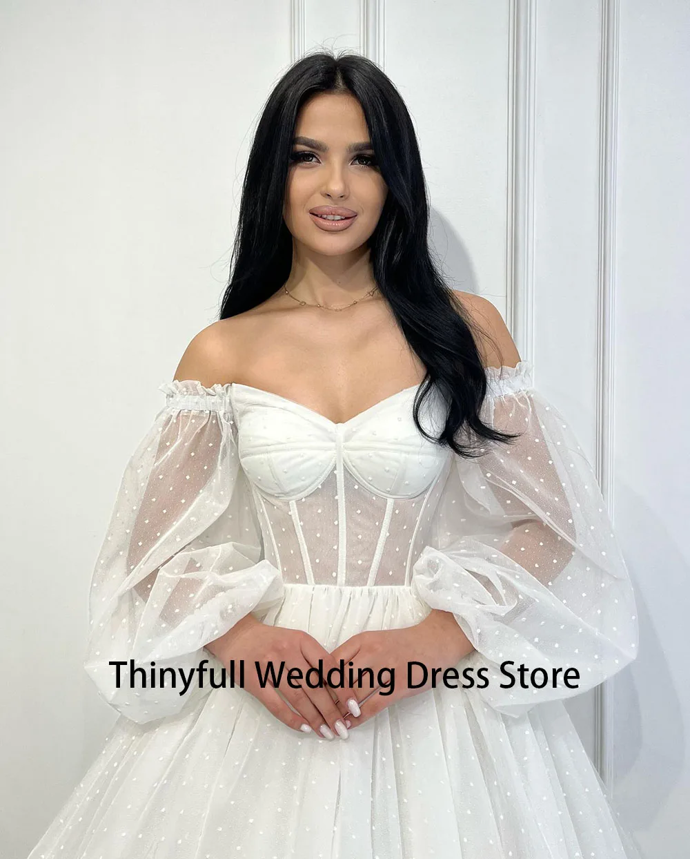 Thinyfull Short A Line Wedding Party Dresses Lace Up Off Shoulder Bridal Dress Long Sleeves Corset Bone Bride Wedding Gowns