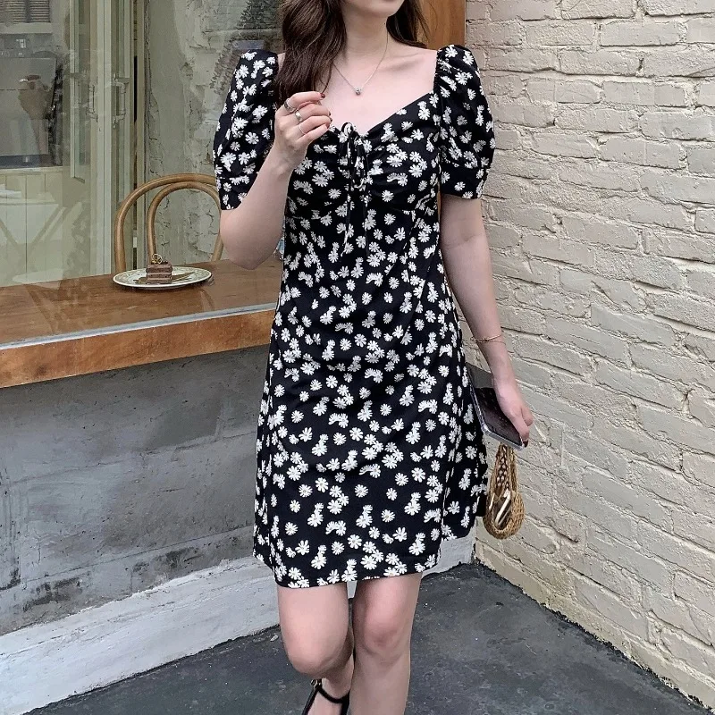 Women Chiffon Mini Dresses Summer Fashion Flower Print Vestidos Boho Skinny Puffy Sleeve Casual Dress Bohemian Vestidos Платье