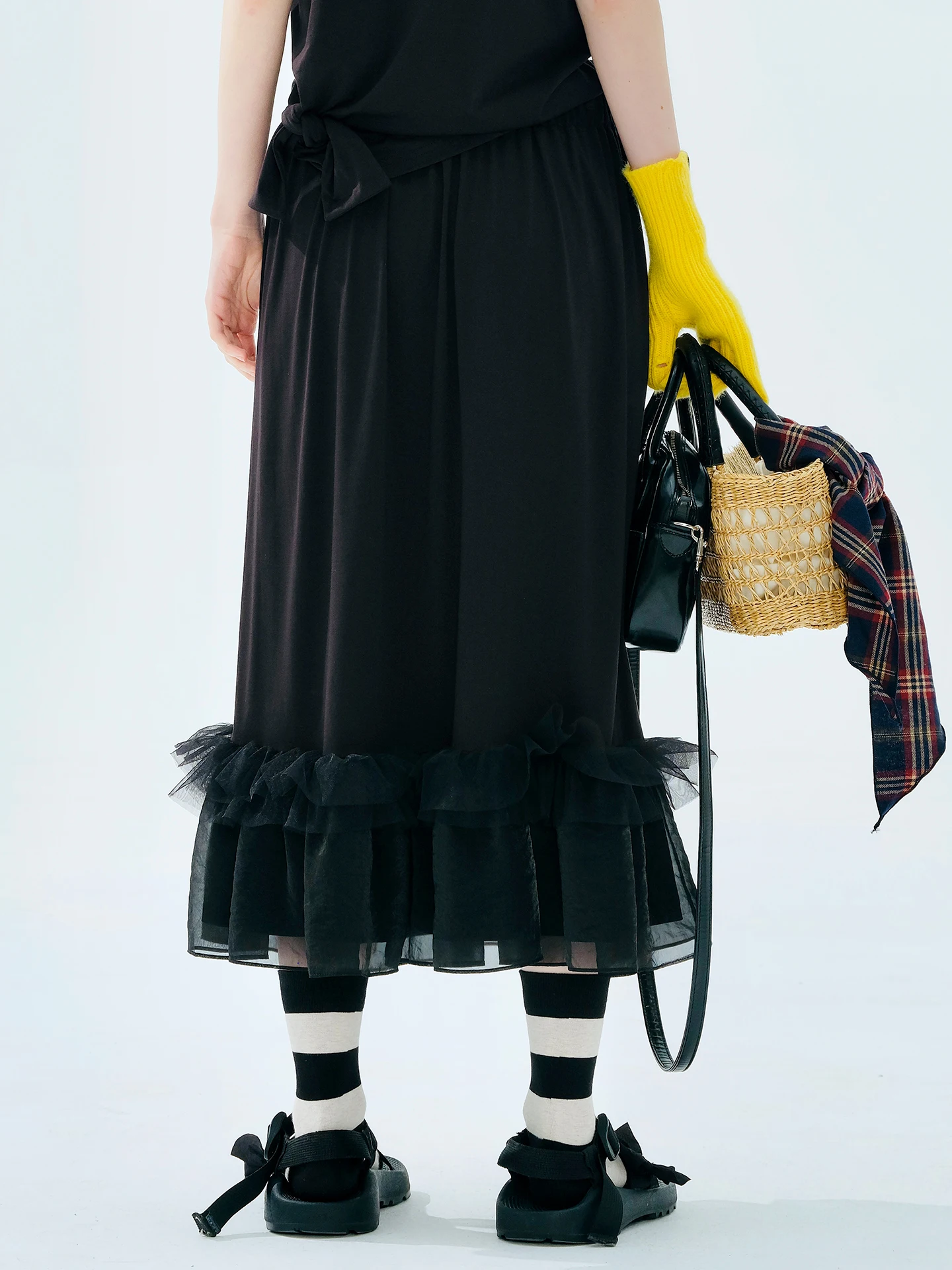Zwarte midi-rok voor dames met tule ruches aan de zoom Strikdetail Elastische taille Casual feestrok Zwierig A-lijn Mode 255112