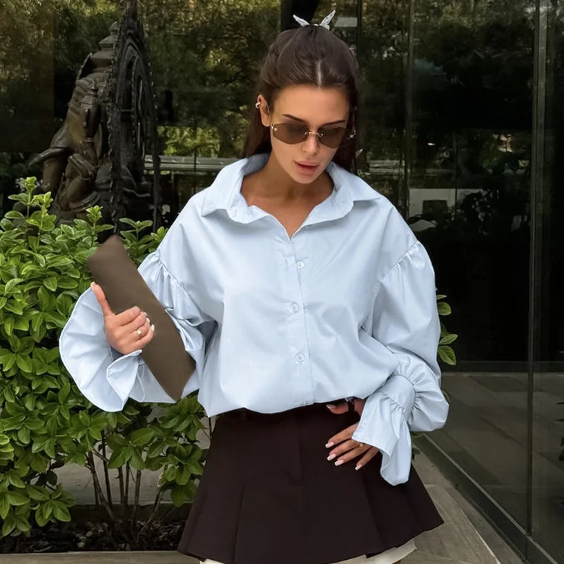 

French Cotton Long-sleeved Shirt 2025 Autumn New Commuting Inner Wear Blue Lapel Top Fashionable Women's Clothing