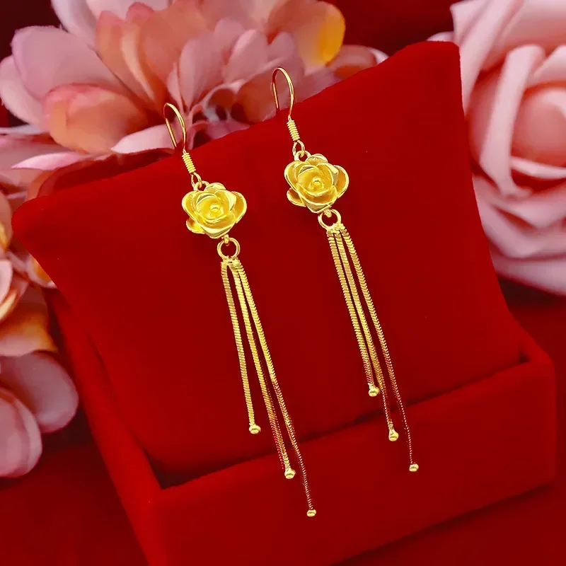 24K Yellow Gold Fashion Flower Earrings, 999 Real Gold Rose Flower Ear Hook Elegant Charm for Lady Trendy Delicate Earrings Gift