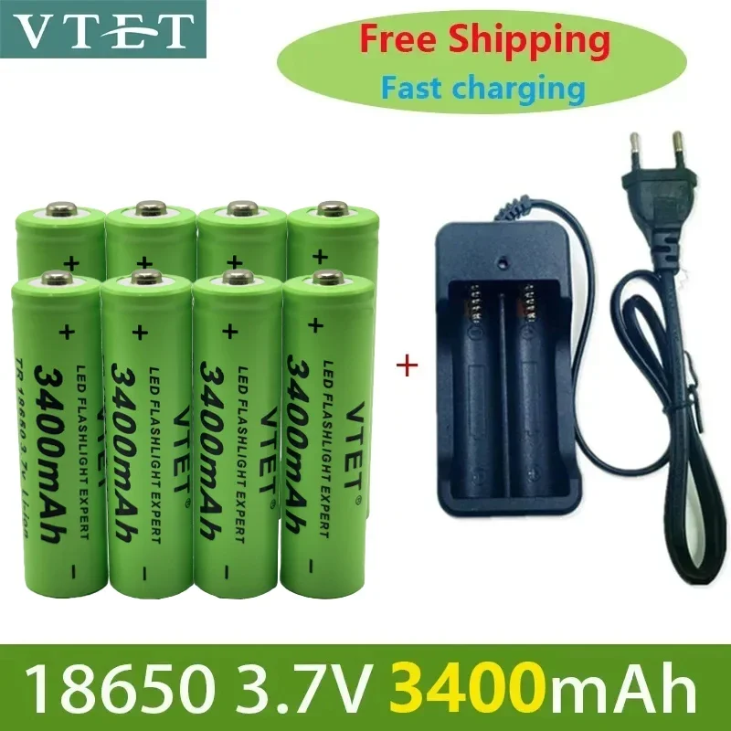 2024 Battery Rechargeable Battery 3.7V 18650 3400mAh  Li-ion Rechargeable Battery for Flashlight Torch Battery+Charger