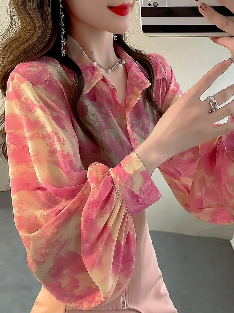 

Pink Printed Chiffon Blouse Women Lantern Sleeves Slimming Top Casual Minimalist ZT578